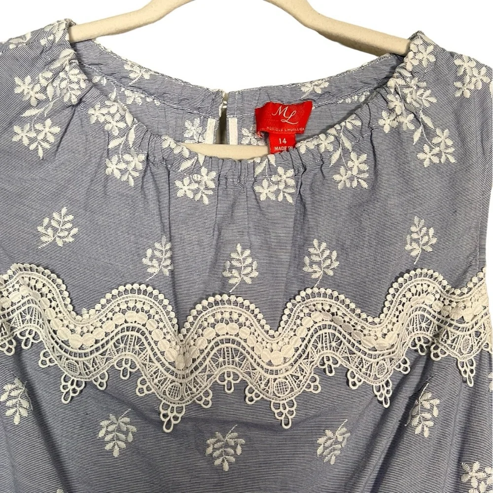 Monique Lhuillier Blue Sleeveless Embroidered Lace Poplin Midi Dress Size 14 - Picture 12 of 16